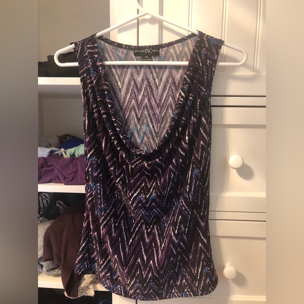 INC Silky Soft Purple White Blue Cowl Neck Formal Dressy Work Top